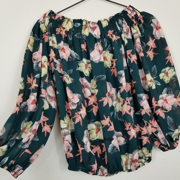 Philosophy | Anthropologie Green Floral Off Shoulder Blouse - Picture 3 of 7
